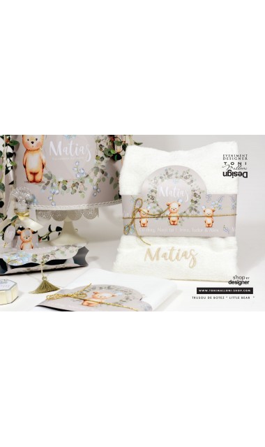 Trusou de botez personalizat prin brodare, cu ursuleti si frunze de eucalipt, Little Bear 15